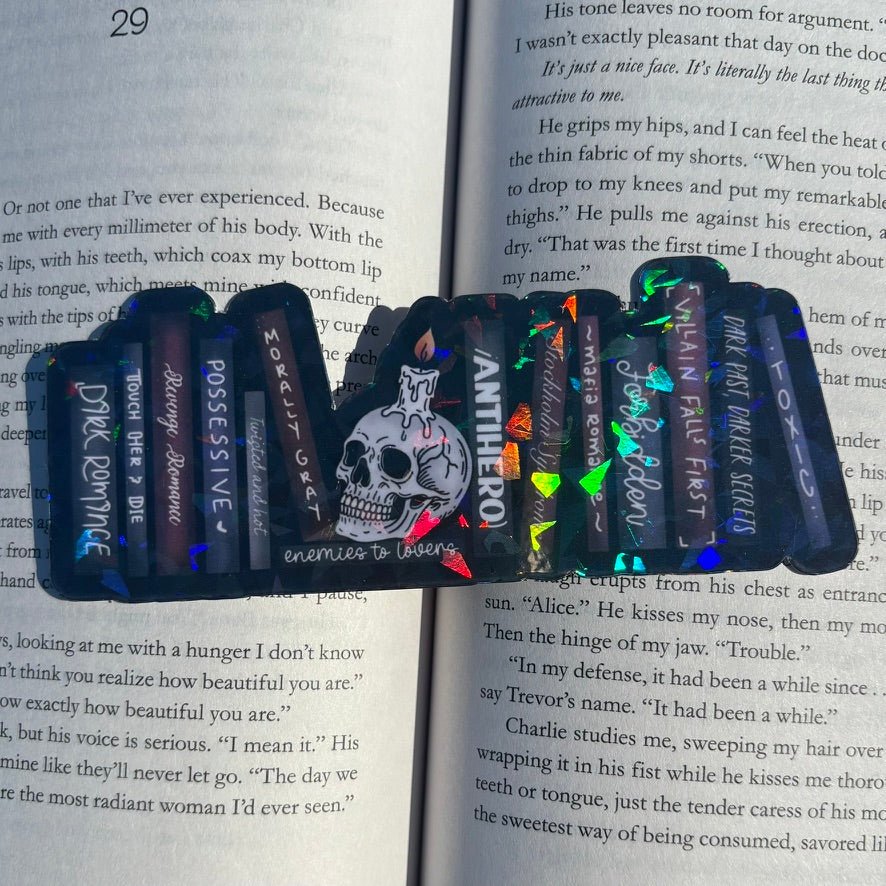 Dark Romance Tropes Books and Skull Cardstock Bookmark