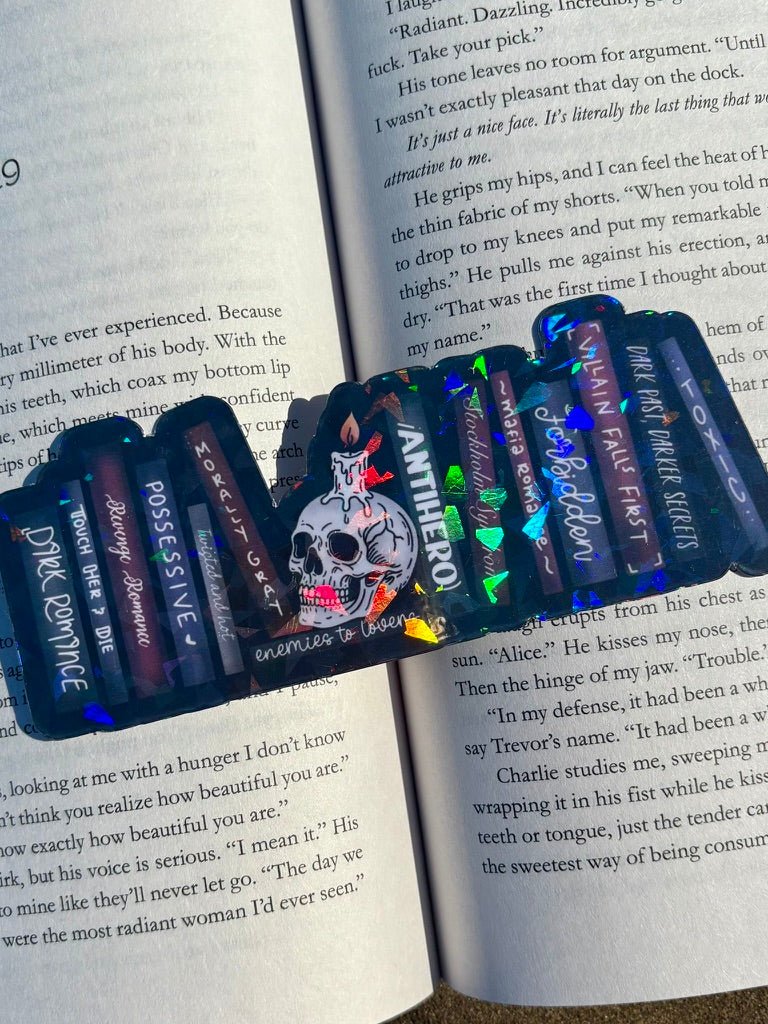 Dark Romance Tropes Books and Skull Cardstock Bookmark