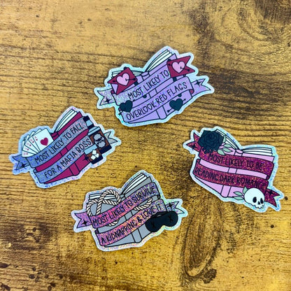 Dark Romance Tropes Books Mini Sticker Bundle - Crushed Glitter Finish - 4 Stickers