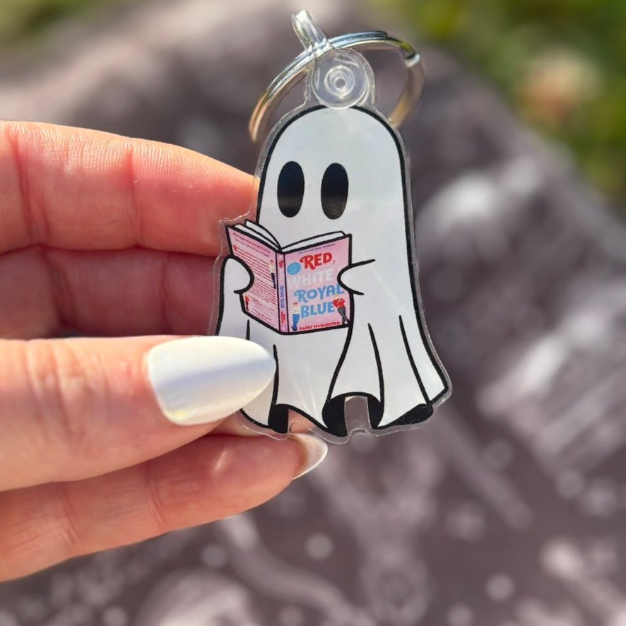 Ghost Reading Red White and Royal Blue Keychain